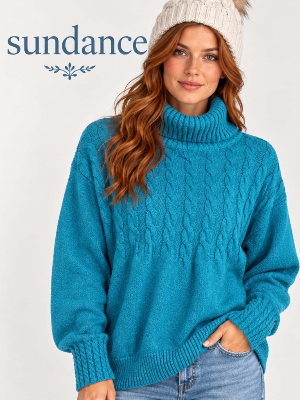 Sundance Teal Cable-Knit Turtleneck Sweater